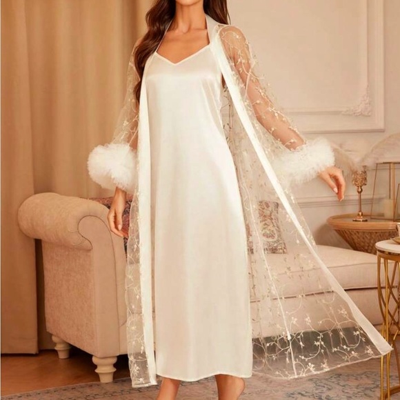Peignoir Set ~Ivory Satin Slip Nightgown Sheer Embroidered